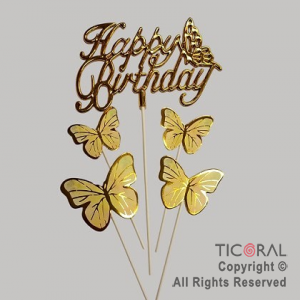 CAKE TOPPER CON 4 MARIPOSAS AMARILLO Y HAPPY BIRTHDAY CURSIVA ORO METALIZADO